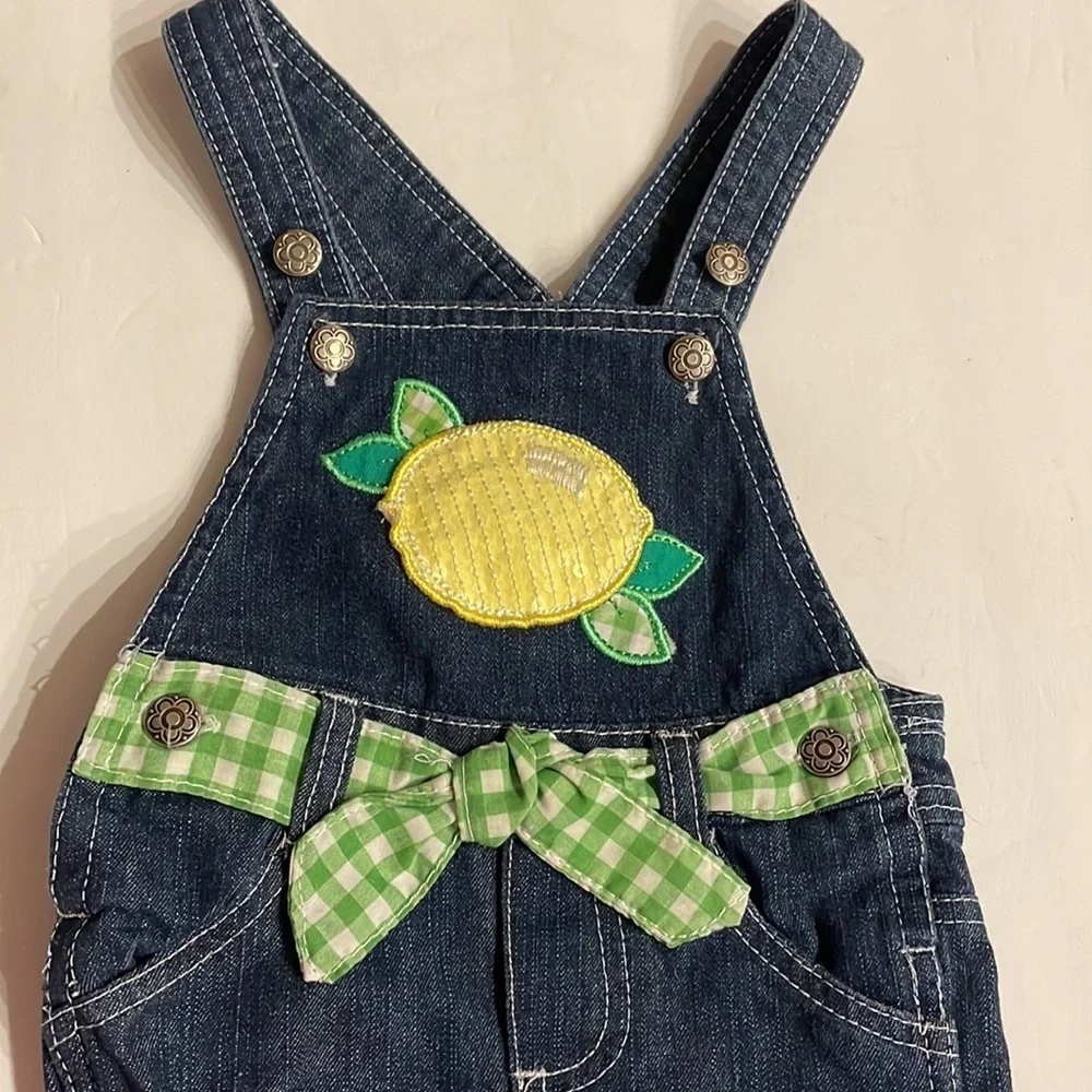 Baby girl 12 M shortalls sequins lemon appliqué / attached green check tie belt